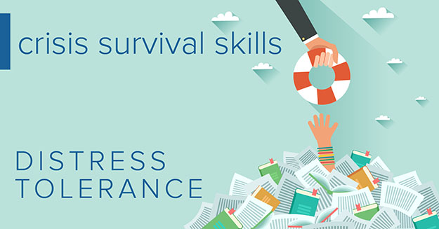 Handing a life preserver to a person drowning in a sea of paperwork with the words crisis survival skills: distress tolerance.