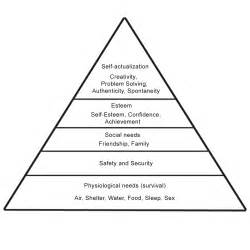 Picture of Maslow's Hierarchy of Human Needs. The top tier is self actualization, creativity, problem solving, authenticity, spontaneity. The next tier is Esteem with self esteem, confidence, and achievement below it. The next tier is Social Needs with friendship and family below it. The next tier is Safety and Security. The bottom tier is Physiological Needs (survival) with air, shelter, food, sleep, and sex below it.