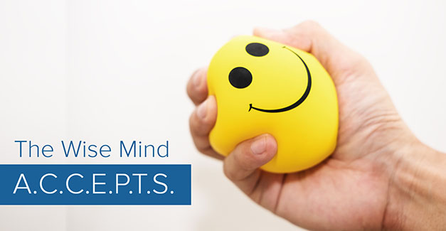 Picture of a human hand holding a smiley face stress relief ball with the words the wise mind A.C.C.E.P.T.S.