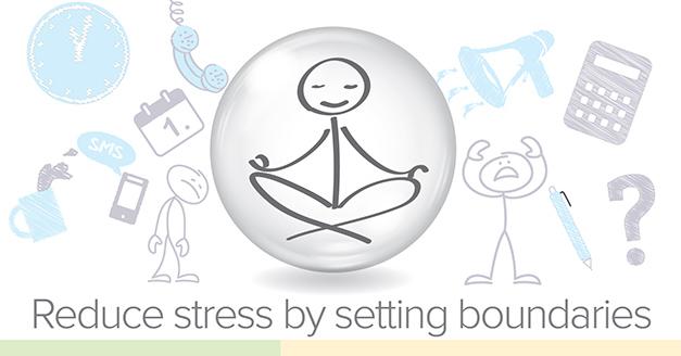 Picture of a stick person meditating in a bubble surrounded by images of items that can induce stress: a clock, telephone, calendar, cell phone, coffee mug, other people, and work. The words reduce stress by setting boundaries are below the images.