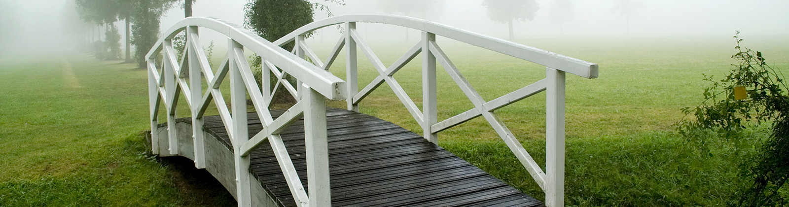 White wooden bridge with green grass in the backgound.