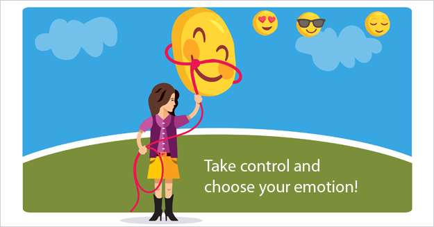 Girl lassoing in an emoji and the words, Take control and choose your emotion