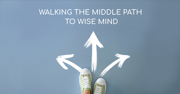 A pair of feet below three arrows pointing in different directions with the words walking the middle road to wise mind.